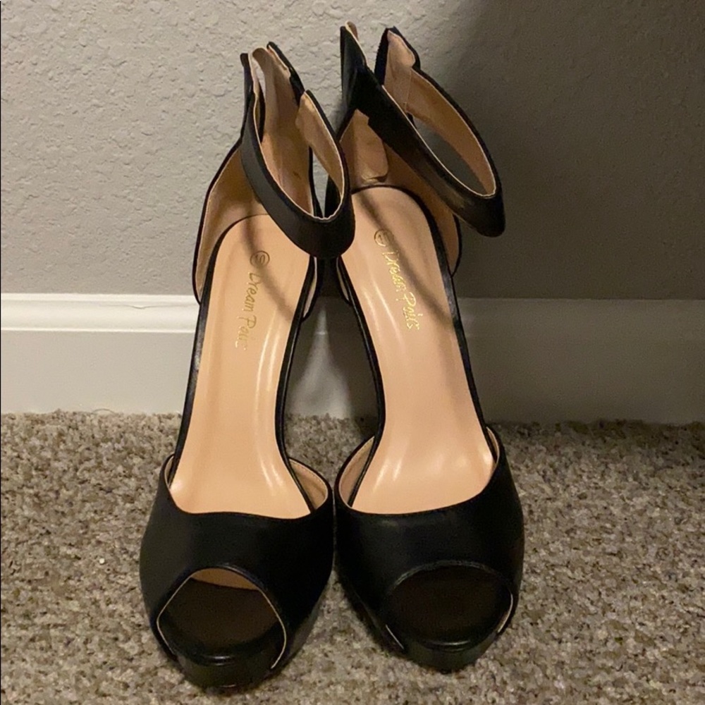 Black open-toe ankle platform heels